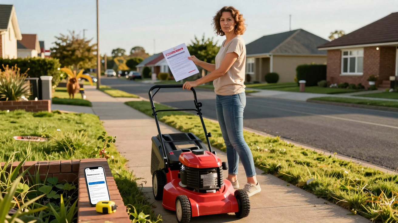 Woman standing on a suburban sidewalk with a lawnmower, holding a community notice in a residential neighbourhood.