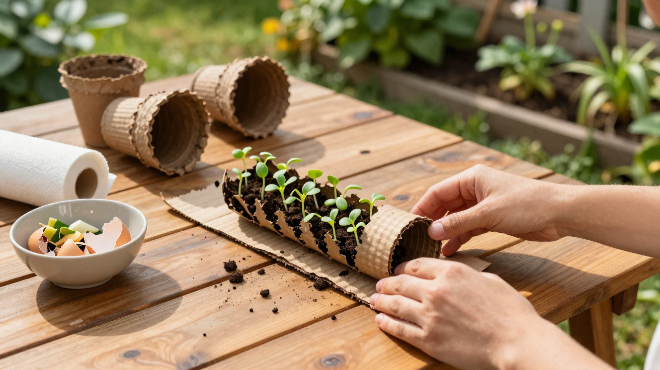 Hands planting seedlings in biodegradable pots on a wooden table outdoors with eggshell compost nearby.