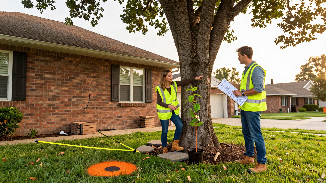 Two workers in safety vests examining a tree near a house with tools and plant nearby.