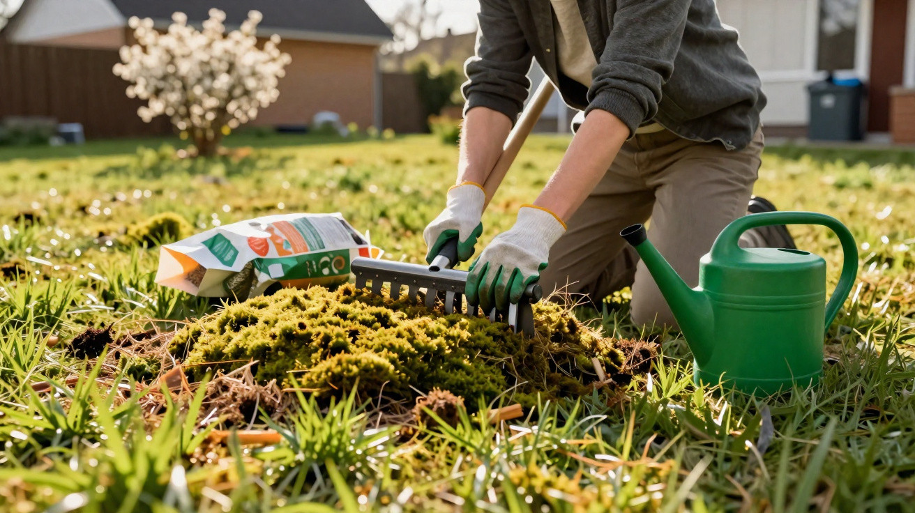 Person wearing gloves using a small rake to tend moss in a garden with watering can and seed packets nearby.