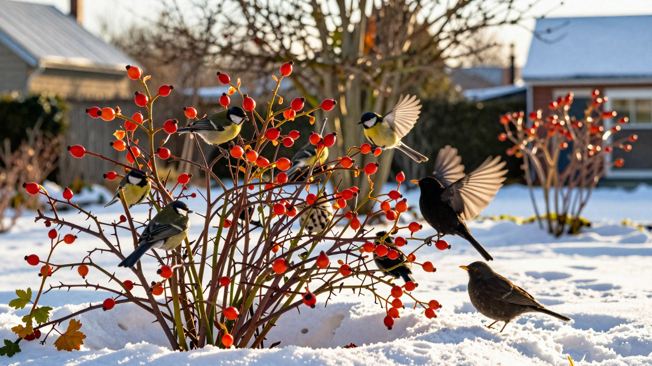 Several small birds perched and flying around a red-berried bush in a snowy garden at sunrise.