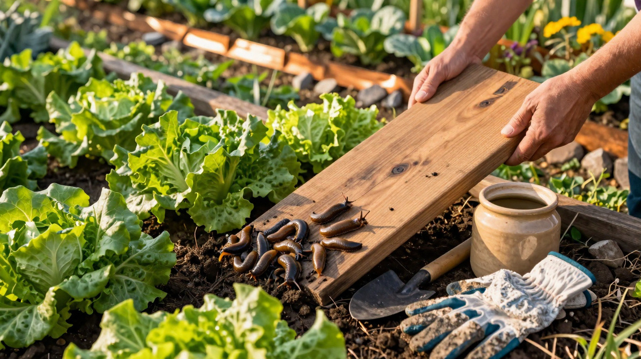 Hands moving a wooden board with slugs from a vegetable garden bed with lettuce and gardening tools nearby.