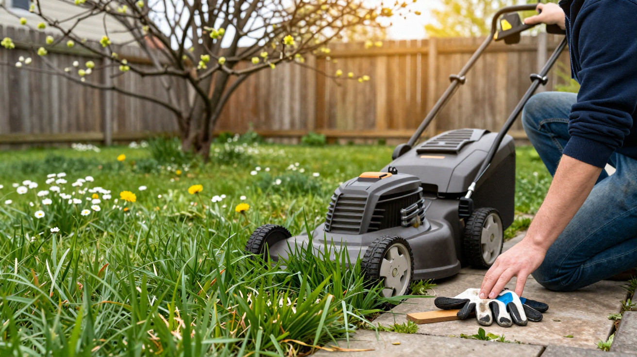 Person kneeling on a garden path next to a lawn mower, with grass and flowers in a backyard.