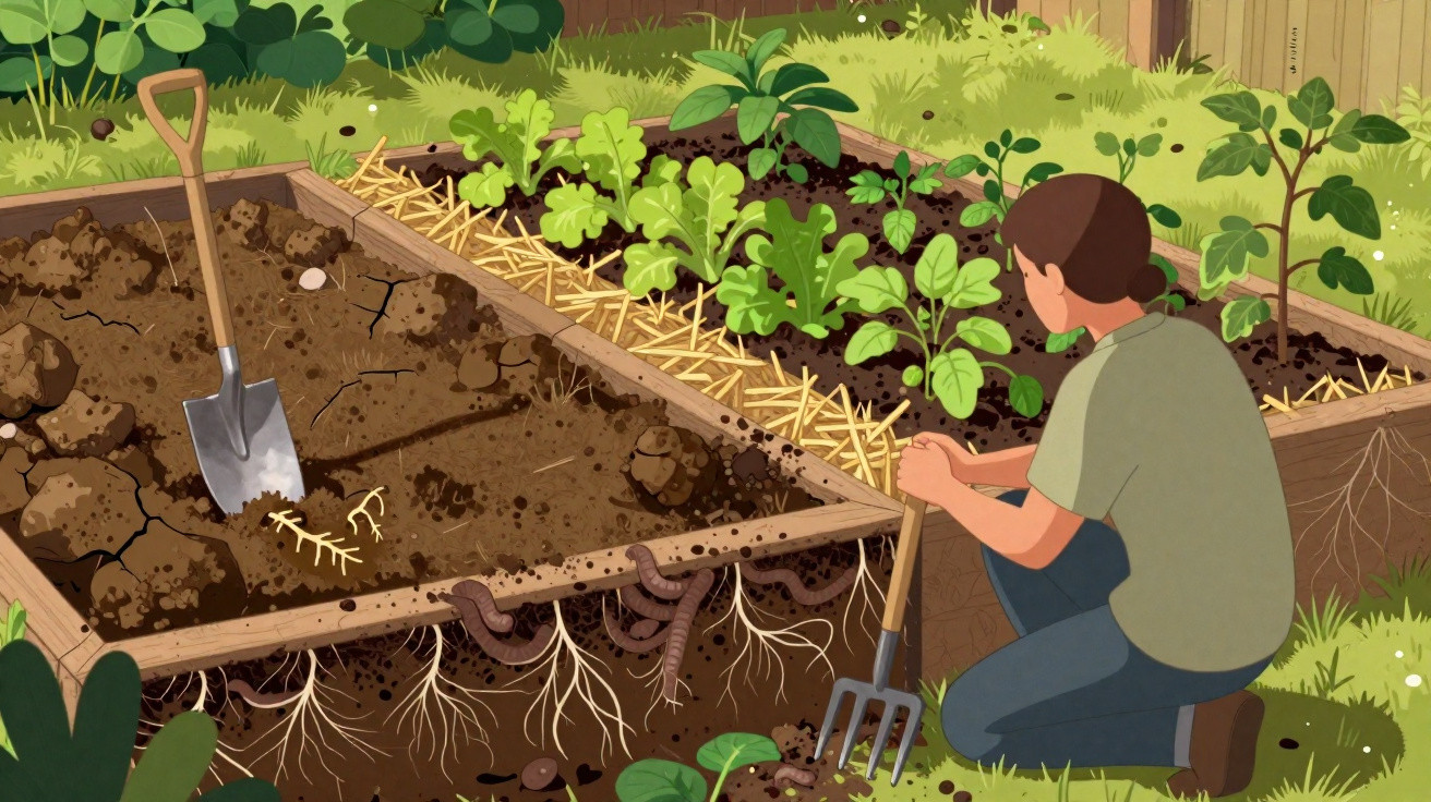 Person kneeling beside garden beds with gardening fork, shovel, soil, plants, and earthworms visible underground.