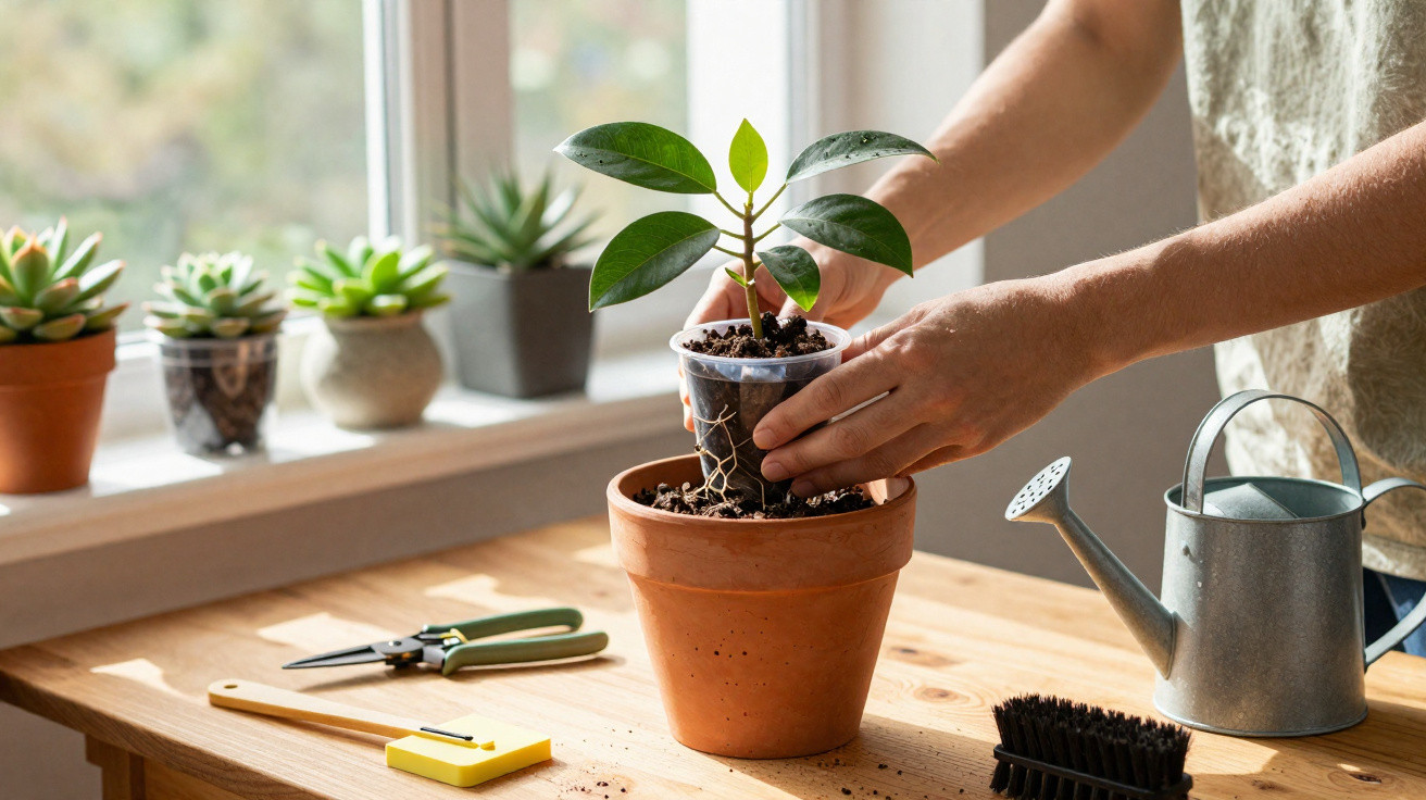 Person repotting a small green plant indoors on a wooden table with gardening tools and watering can nearby.