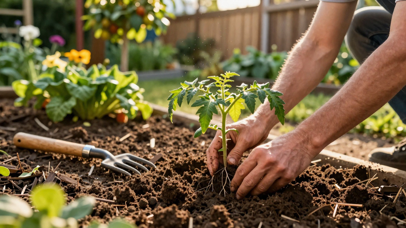 Person planting a young tomato seedling in a garden bed with gardening fork nearby in sunlight.