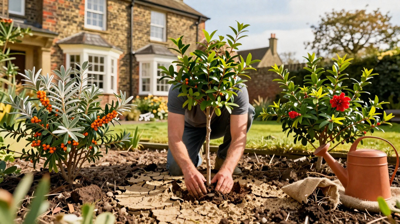 Person planting a small tree in a garden with a watering can and house in the background.
