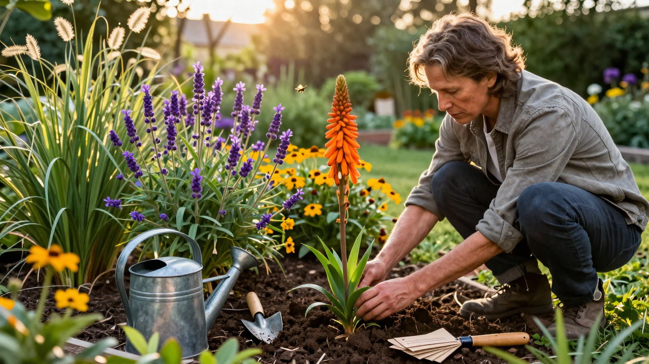 Person planting an orange flower in a garden bed surrounded by purple and yellow flowers at sunset.