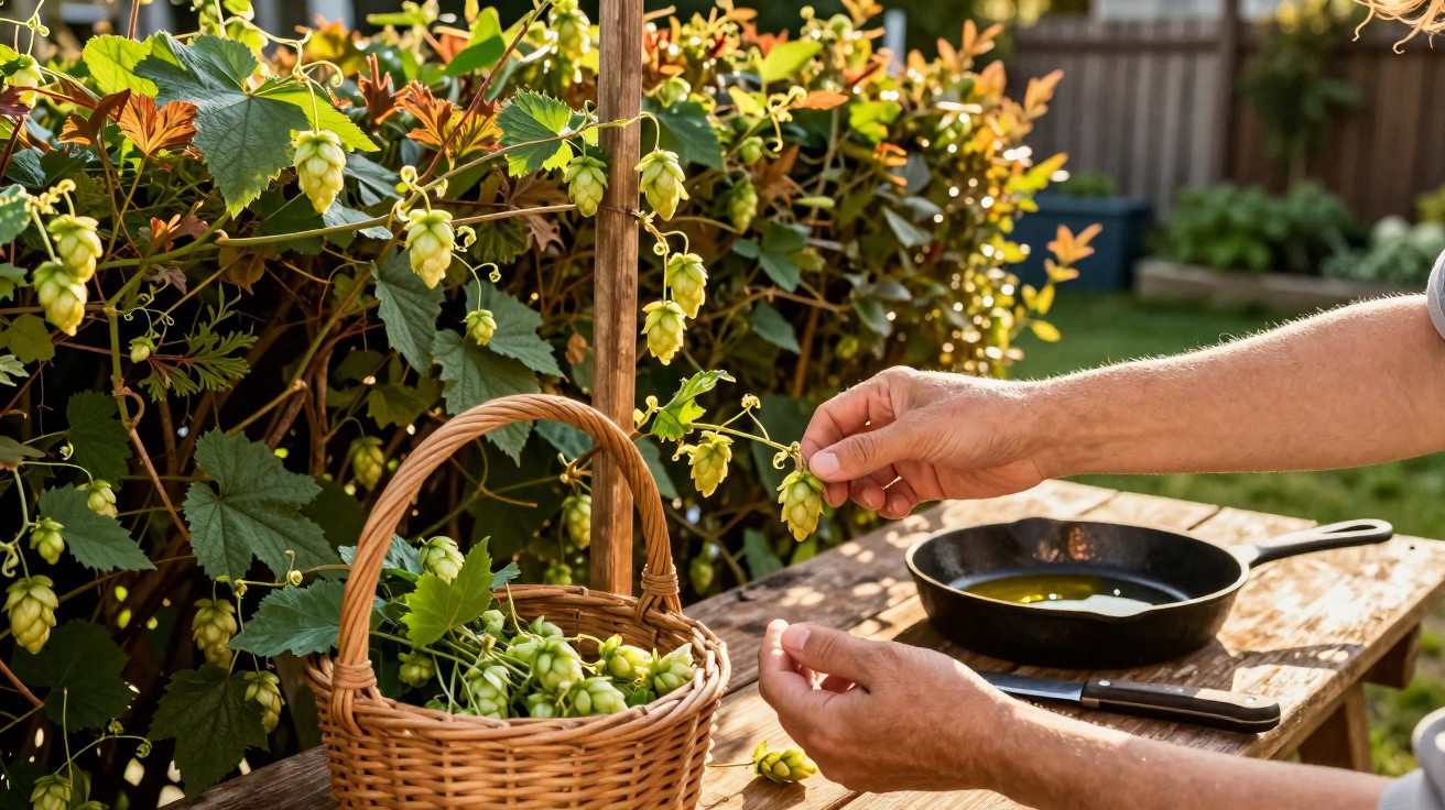 Person harvesting fresh hops cones into a wicker basket on a wooden table outdoors in sunlight