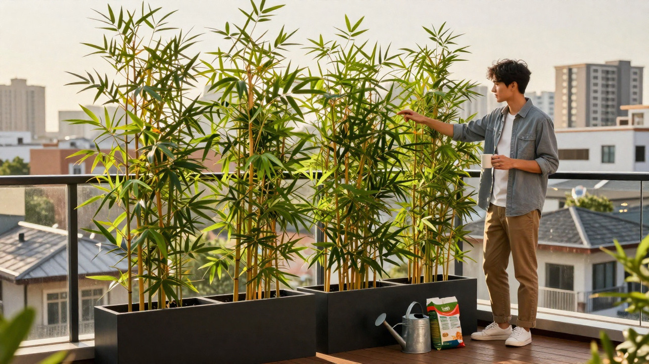 Young man tending to tall bamboo plants on a balcony with city buildings in the background at sunset.