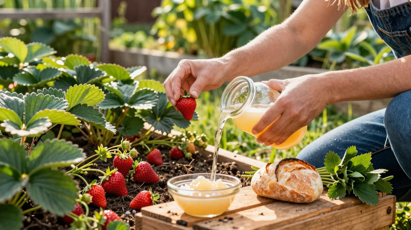 Person holding a strawberry and pouring juice into a bowl near a strawberry patch and rustic bread.