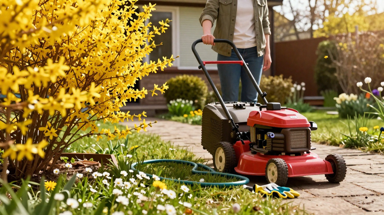 Person mowing garden lawn with red lawnmower near yellow flowering bush in sunny backyard.