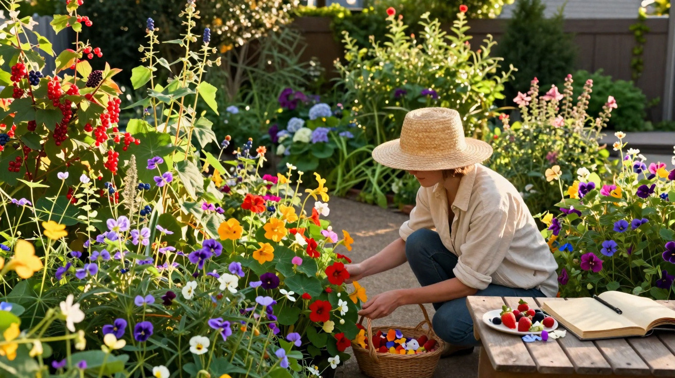 Person in a straw hat picking colourful flowers in a sunny garden with a basket, open book, and plate of berries nearby.