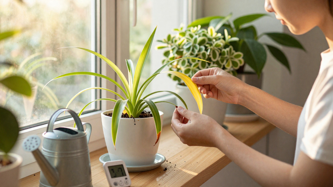 Person removing a yellow leaf from a spider plant on a wooden windowsill with other houseplants nearby.