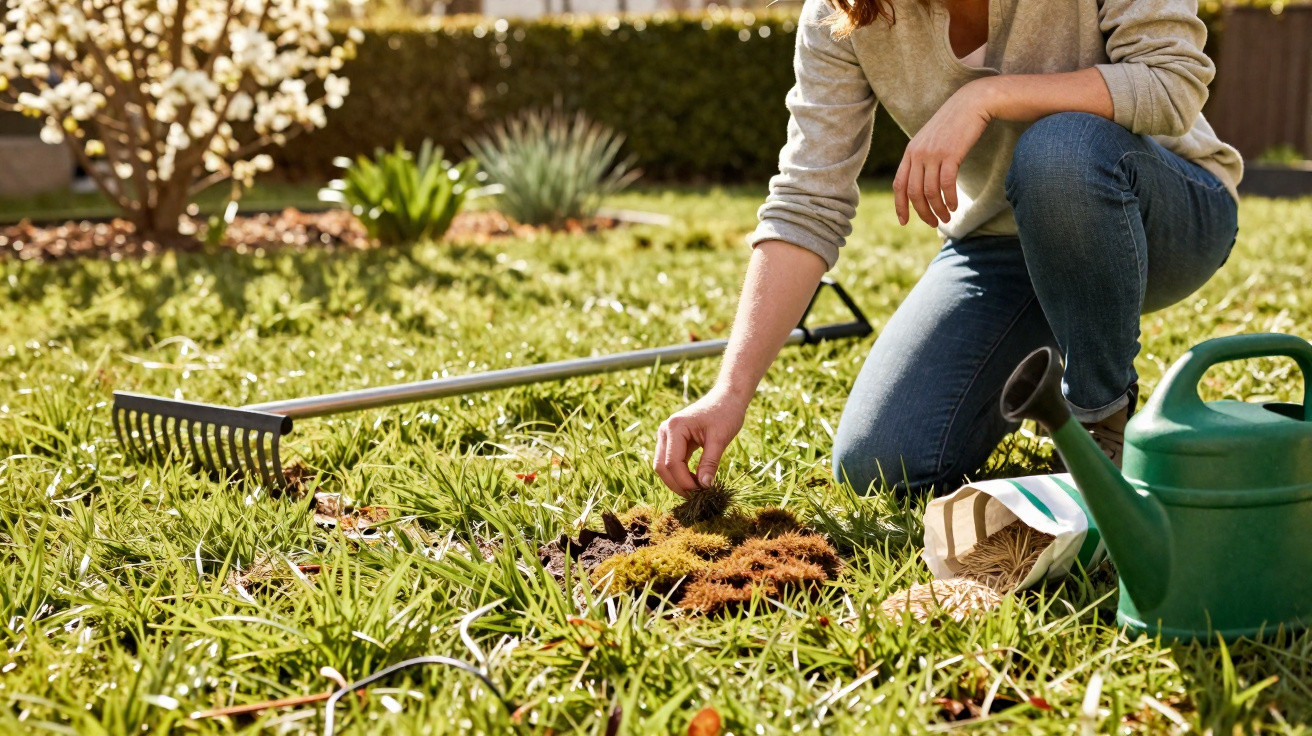 Person kneeling on grass gardening, planting moss with a rake and watering can nearby in a sunny garden.