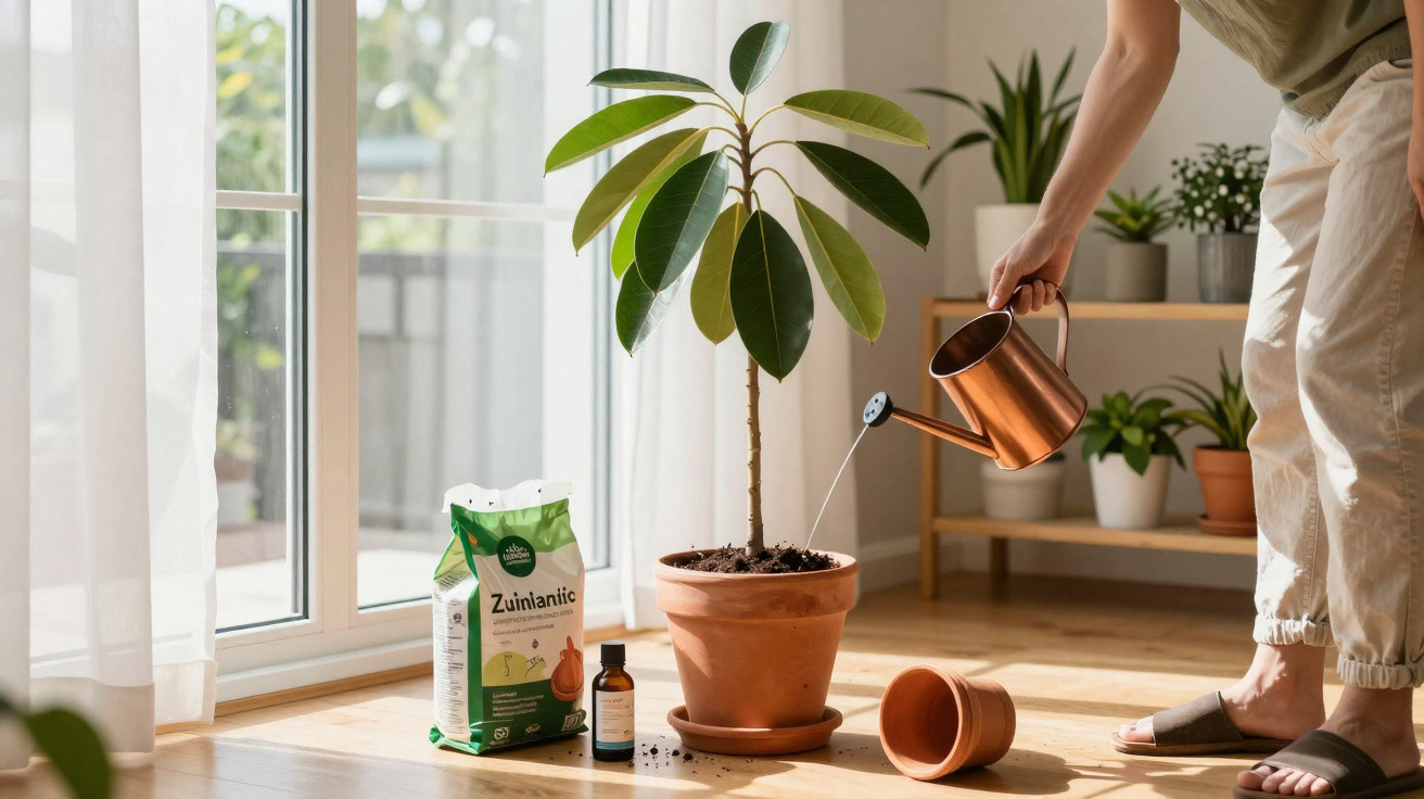 Person watering a potted plant indoors with gardening supplies nearby on wooden floor.