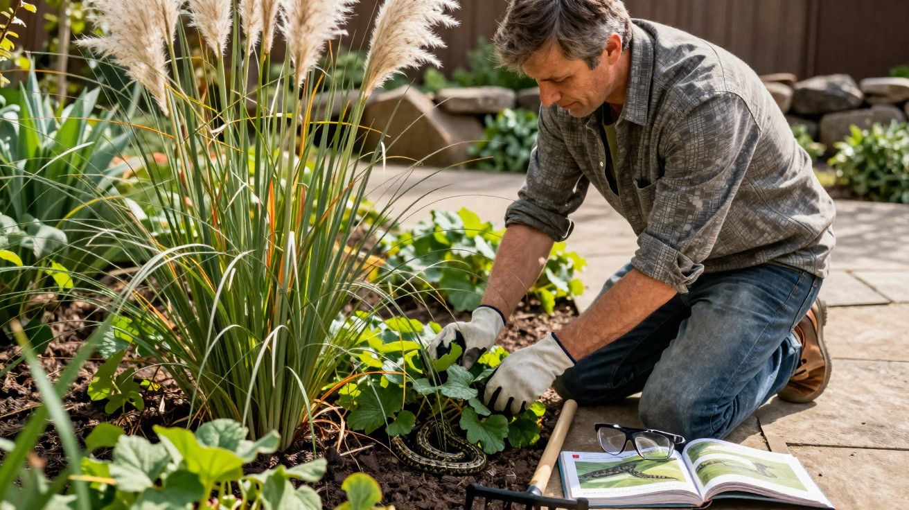 Man gardening outdoors kneeling by plants with gardening tools and a book beside him on a stone patio.