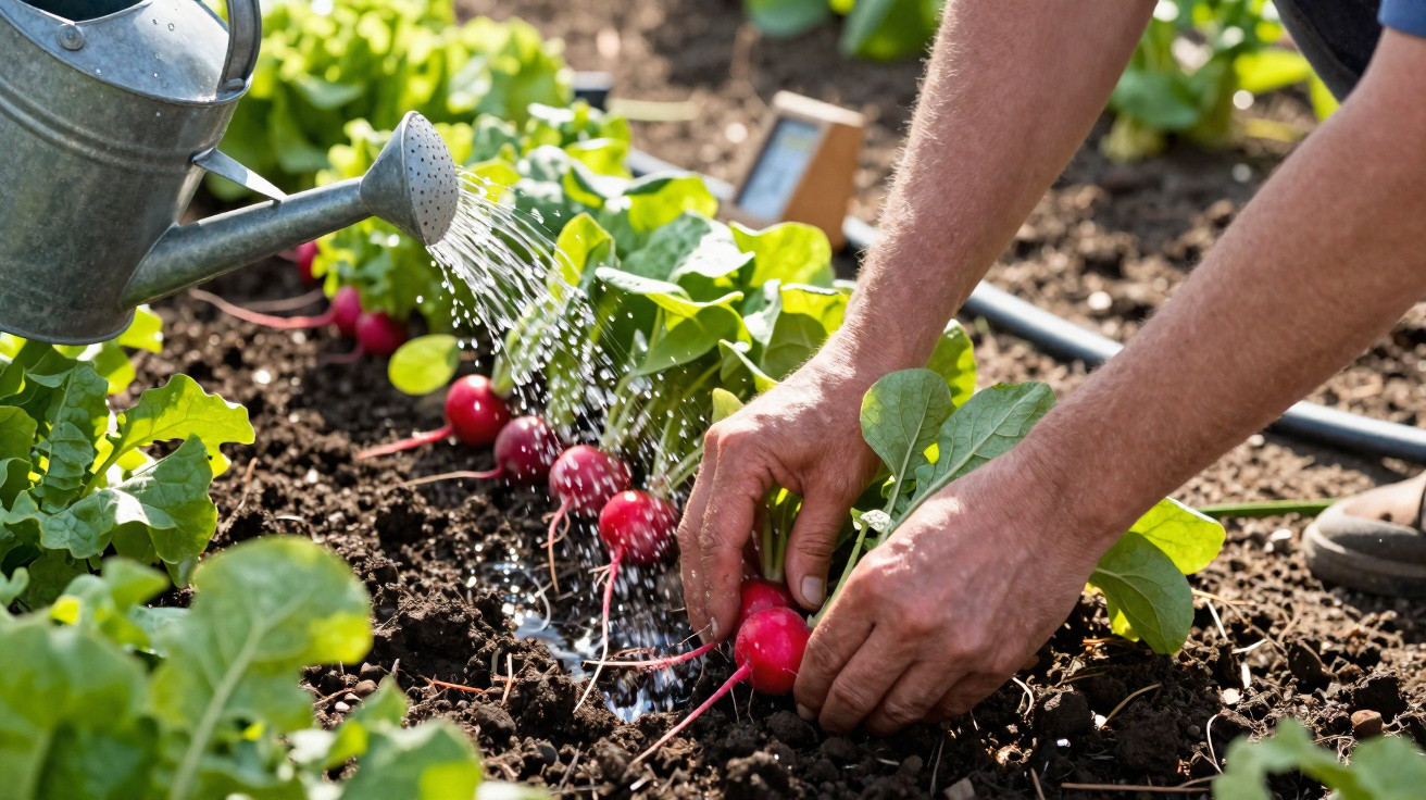 Person watering and harvesting fresh radishes in a home garden with lush green leaves and rich soil.