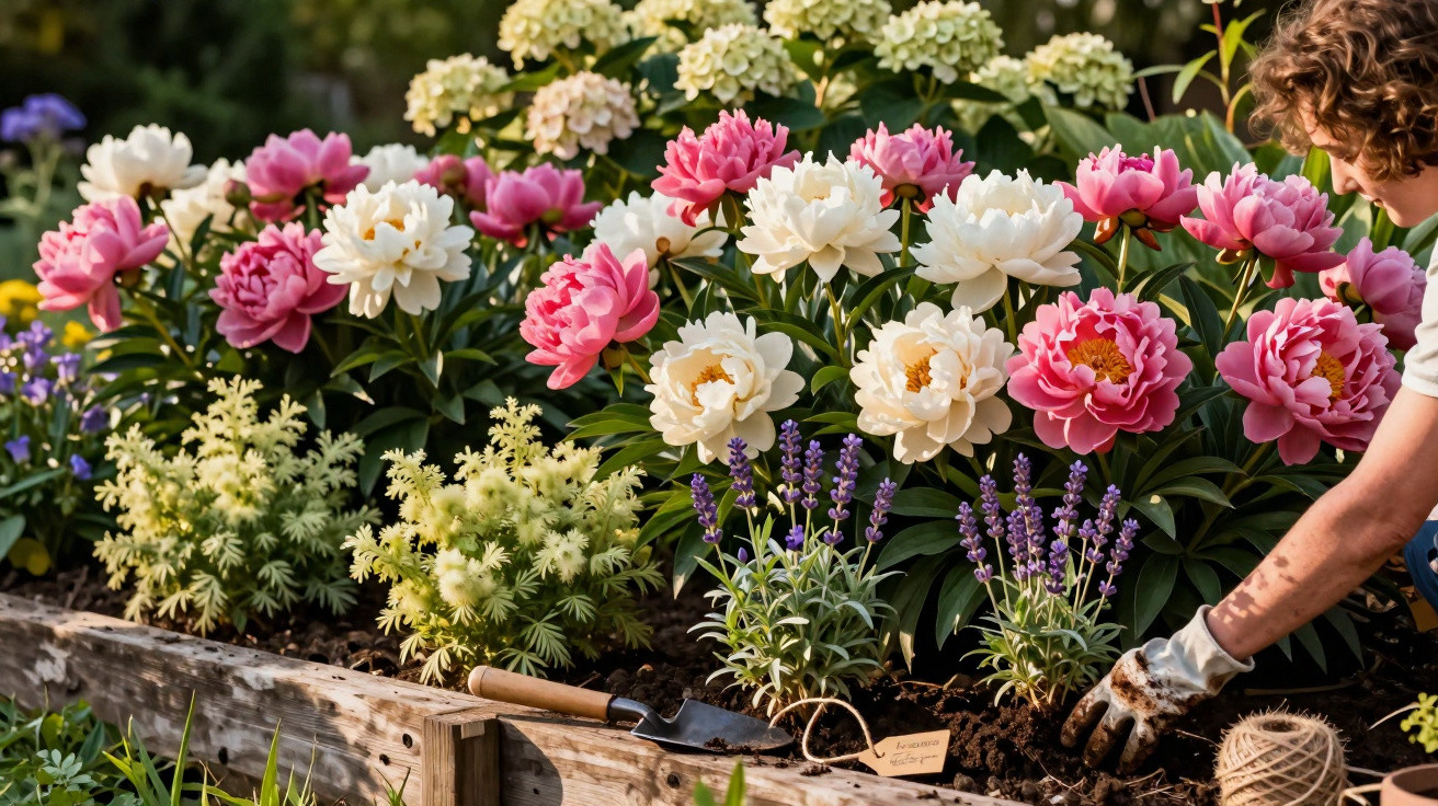 Person gardening colourful pink, white peonies and lavender in raised wooden flower bed on a sunny day.