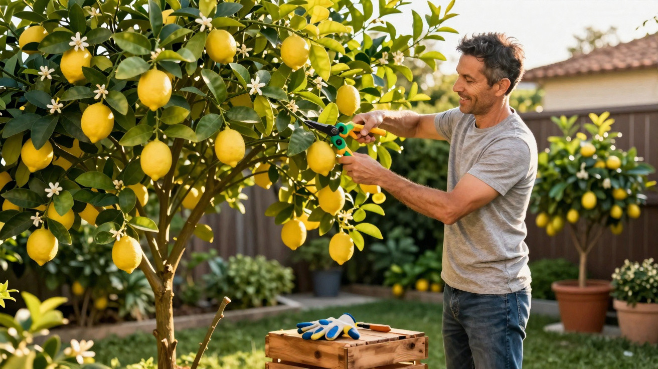 Man pruning a lemon tree in a sunny garden with gardening tools on a wooden crate nearby.