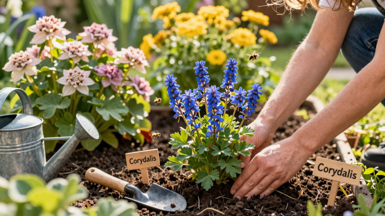 Hands planting blue Corydalis flowers in a garden bed with a watering can, trowel, and bees flying nearby.