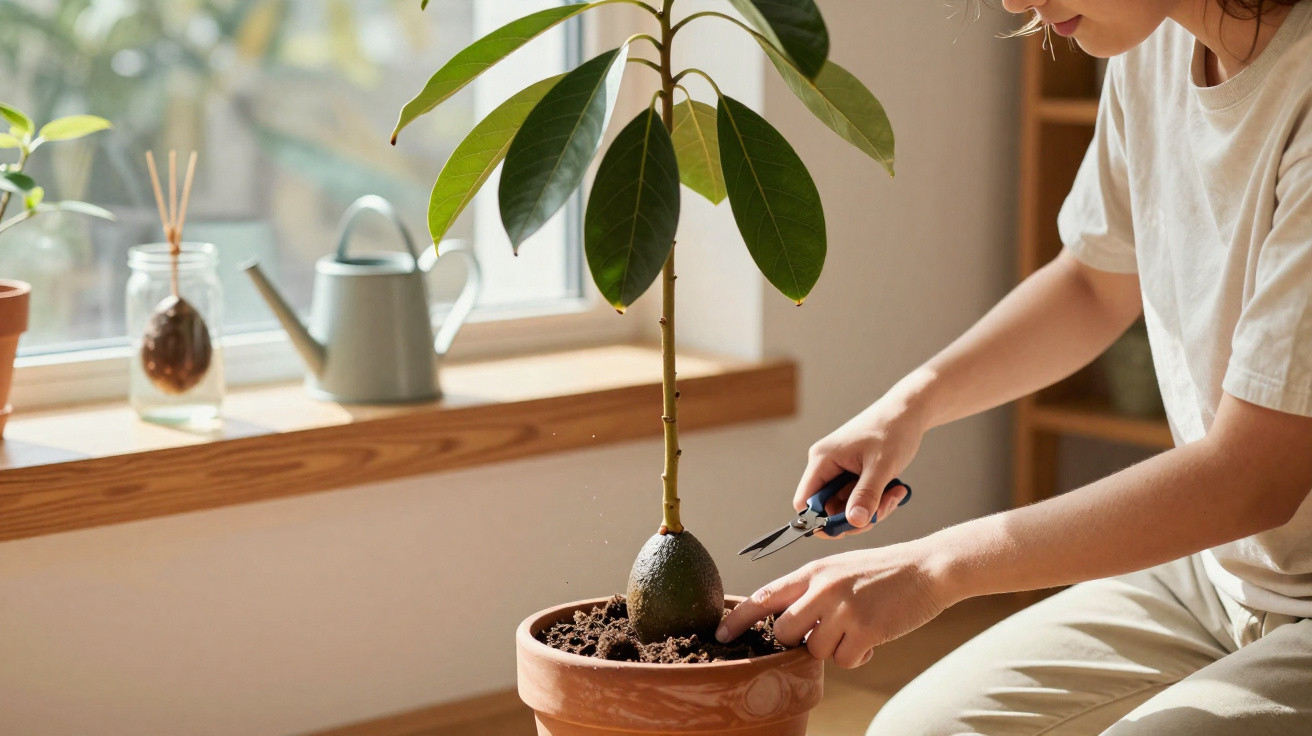 Person pruning a potted avocado plant indoors near a sunlit window with gardening tools.