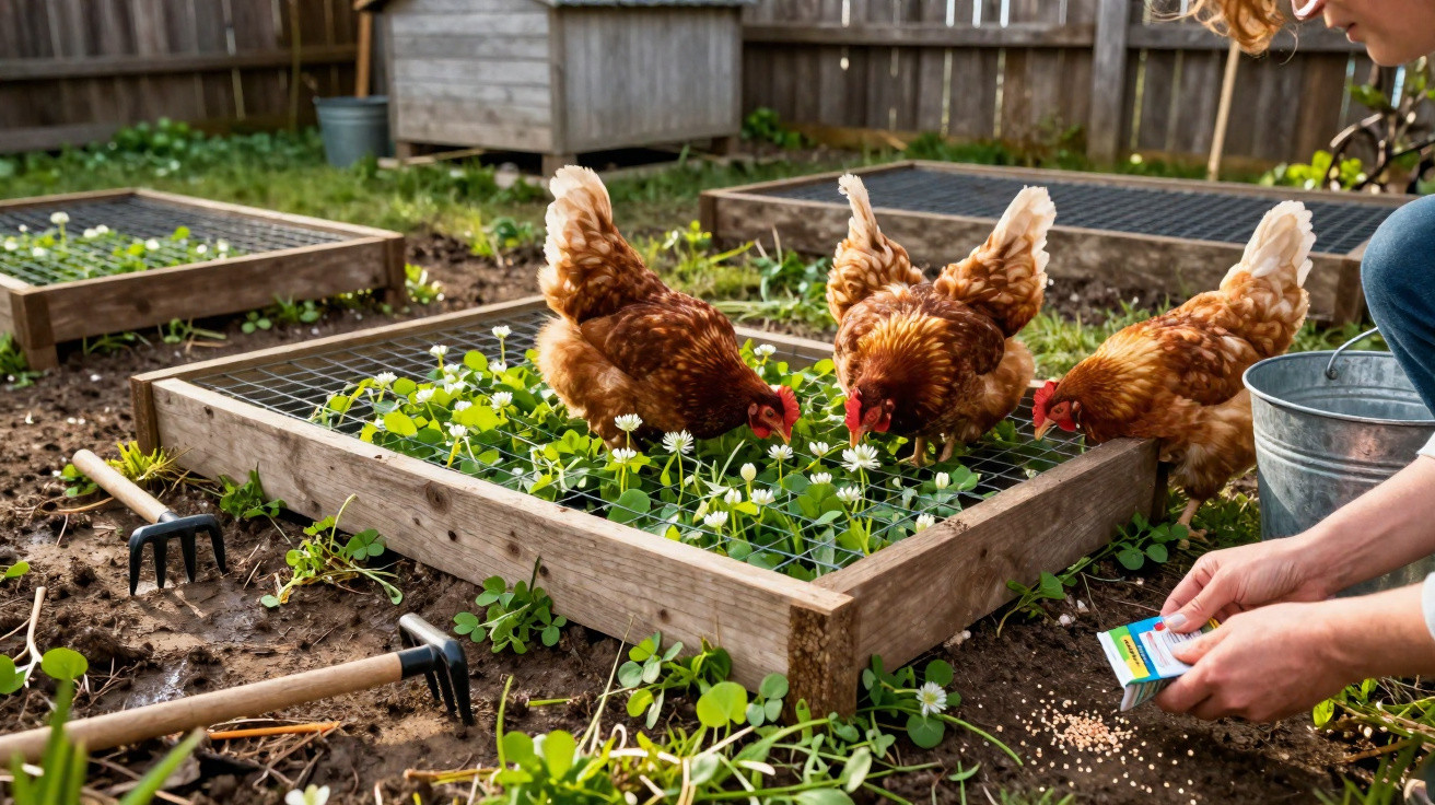 Three brown hens pecking plants in a garden bed while a person scatters seeds nearby.