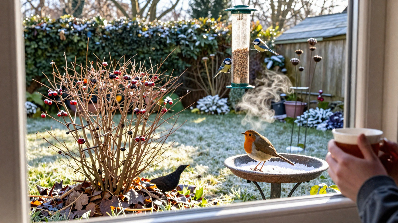 Birds feeding at bird feeder and birdbath in frosty garden viewed from window with person holding mug