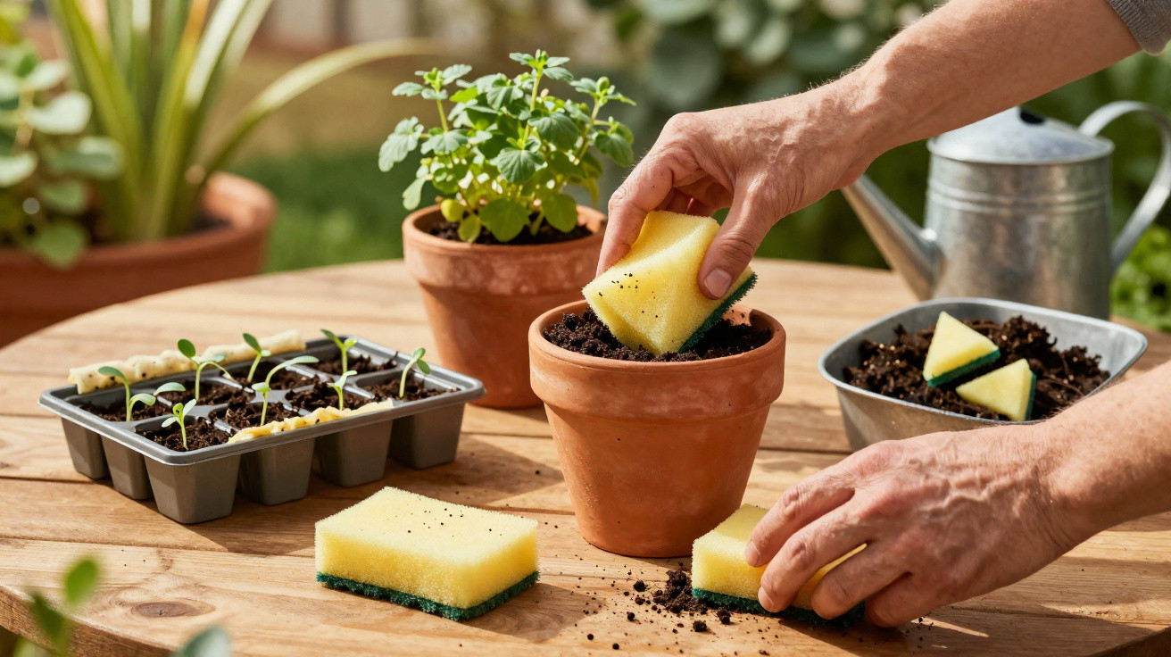 Person's hands placing a yellow sponge into a terra cotta pot filled with soil on a wooden table outdoors.