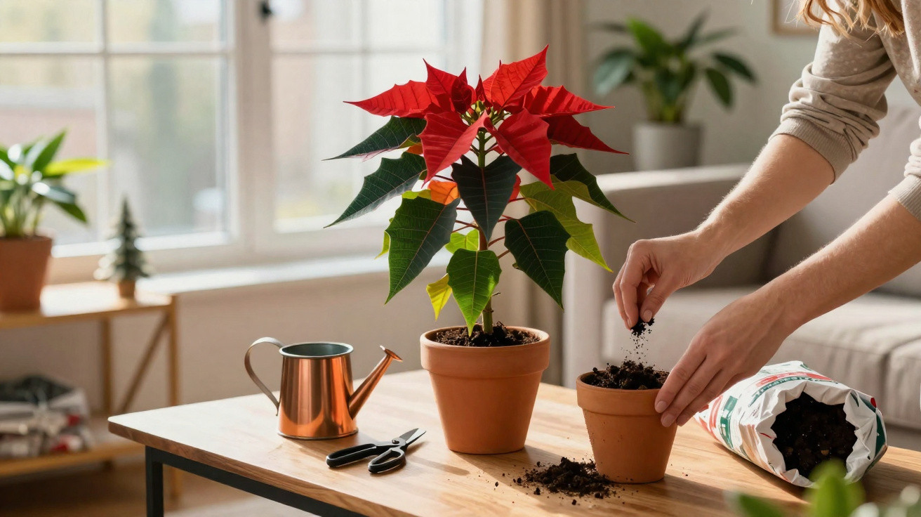 Hands adding soil to a small terracotta pot next to a poinsettia plant on a wooden table indoors.