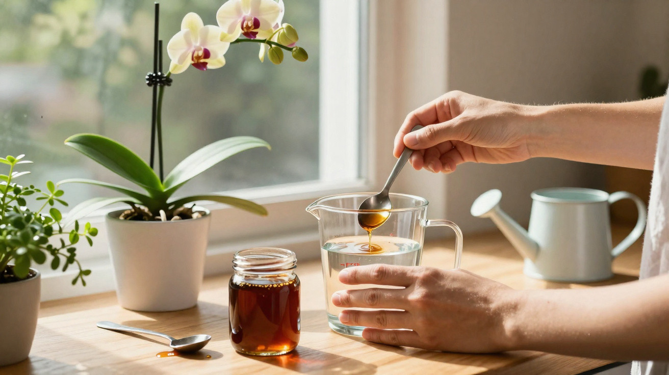 Hands pouring honey from a spoon into a measuring cup of water on a wooden windowsill with plants nearby.