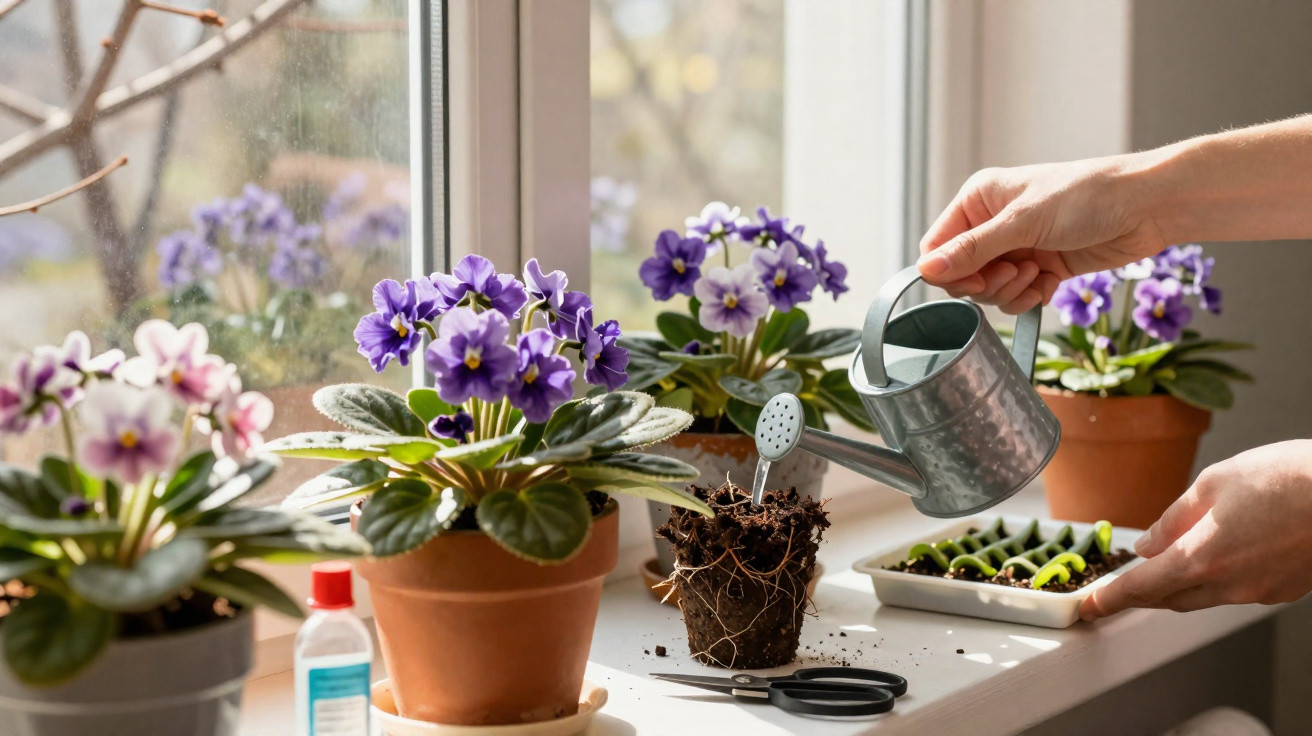 Hands watering purple African violet seedlings on a sunny windowsill with flowering plants and gardening tools.
