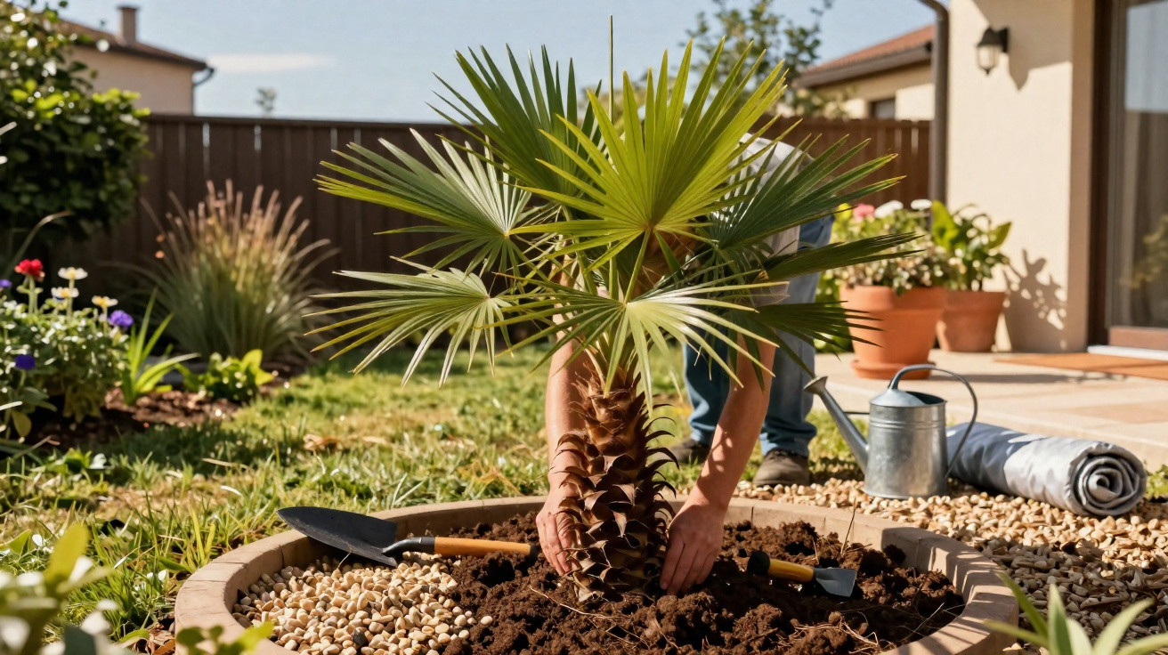 Person planting a young palm tree in a round garden bed with soil and pebbles in a sunny backyard.