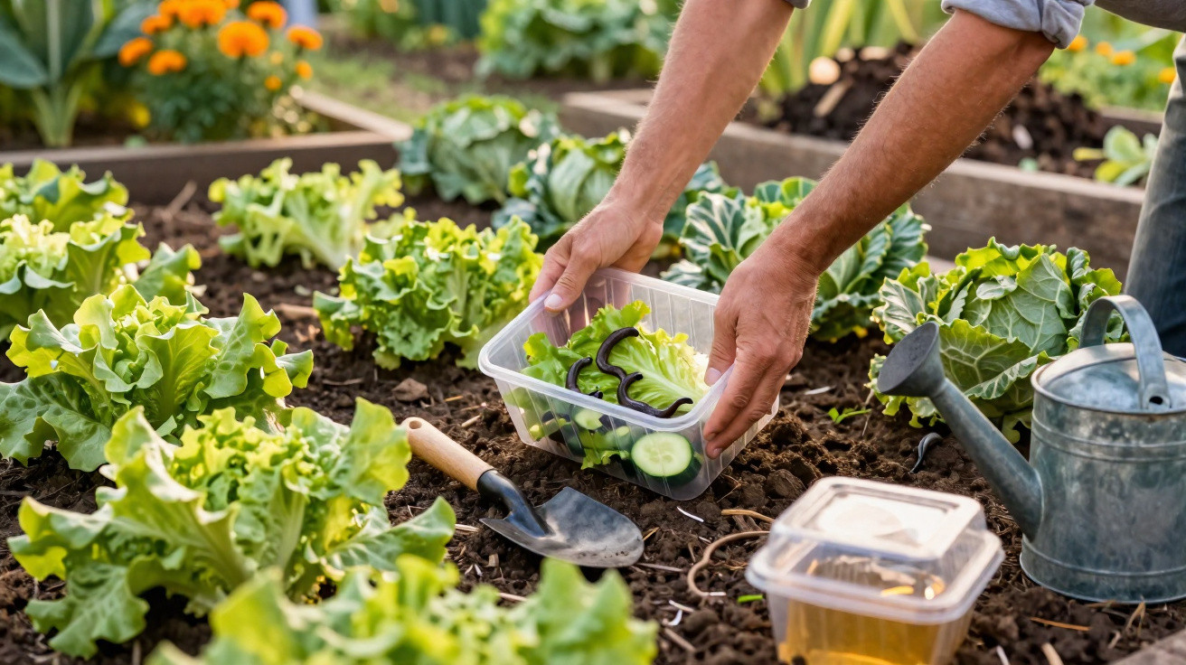 Hands harvesting fresh lettuce and cucumber in a garden with gardening tools and a watering can nearby.