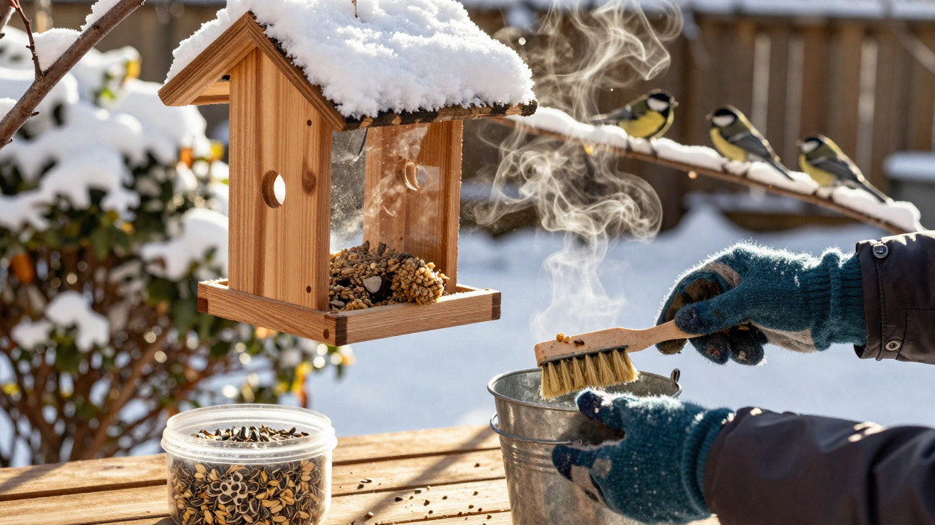 Person cleaning a snowy bird feeder with glove-covered hands, birds perched on a branch in the background.