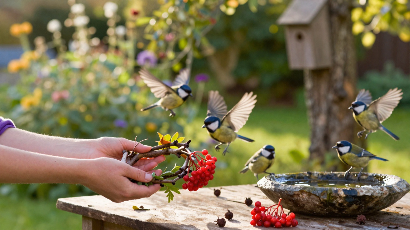 Hands holding berries near a birdbath with five small birds flying and perched in a garden setting