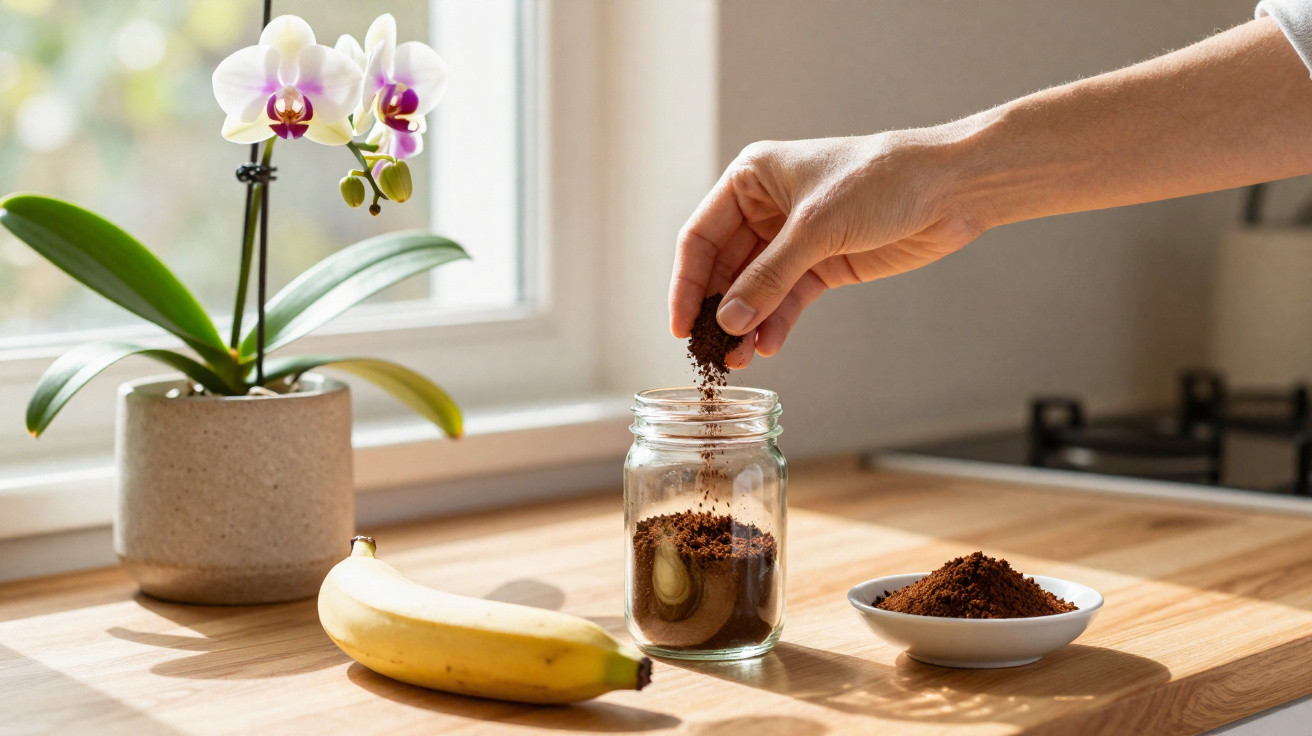 Hand sprinkling ground coffee into a glass jar on a wooden kitchen table with a banana and orchid nearby.