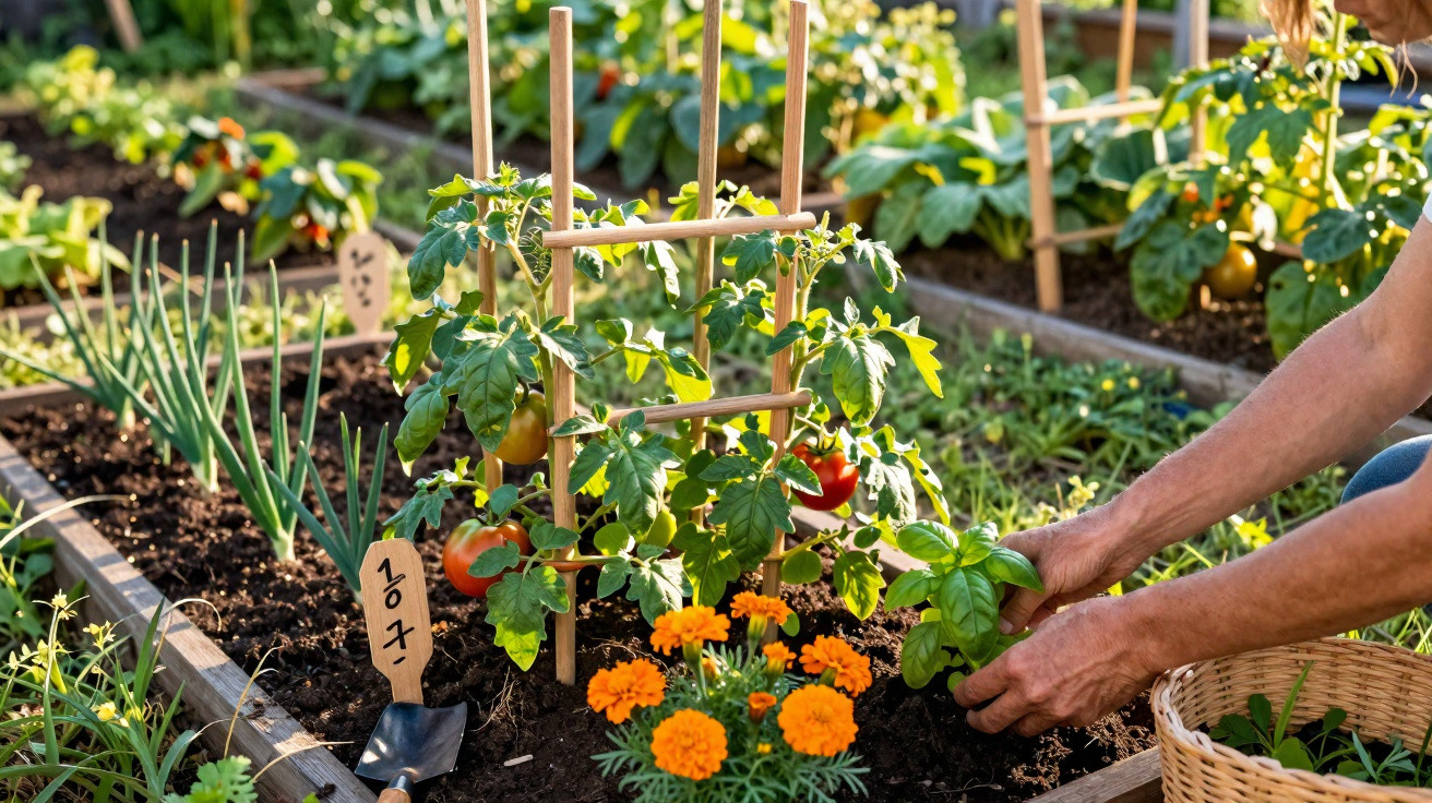 Hands tending to tomato plants and herbs in a raised garden bed with marigold flowers nearby.