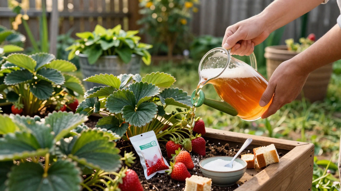 Person pouring liquid from a jug onto strawberry plants growing in a wooden garden planter outdoors.
