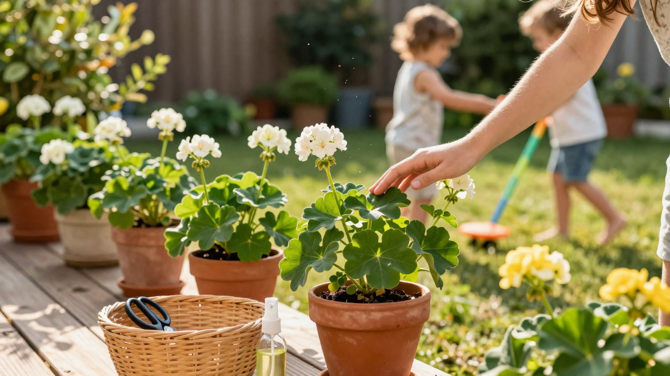 Hand tending to potted white geraniums on a wooden table with children playing in grassy garden background.