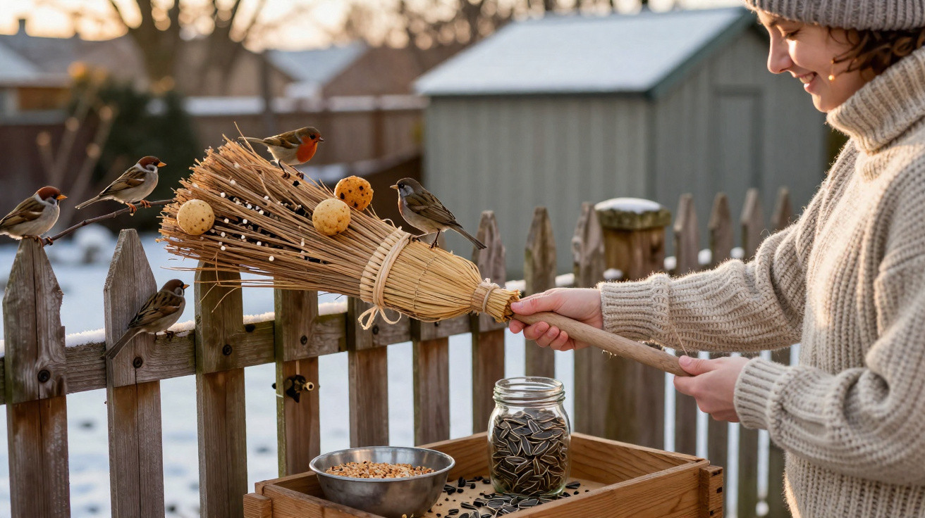 Woman in woollen hat feeding small birds perched on a broomstick with bird food in a snowy garden.