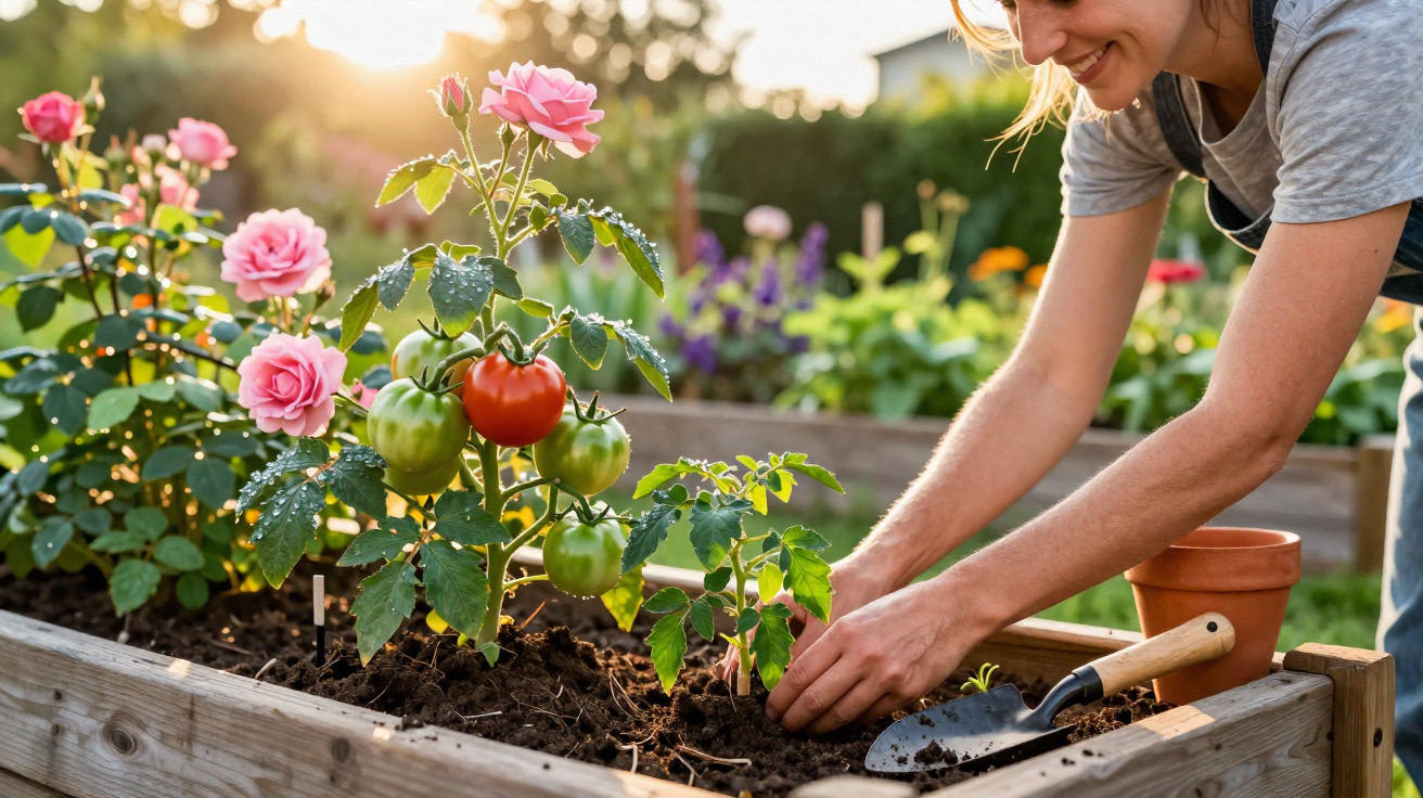 Woman gardening tomatoes with pink roses in raised wooden bed during sunny day outdoors