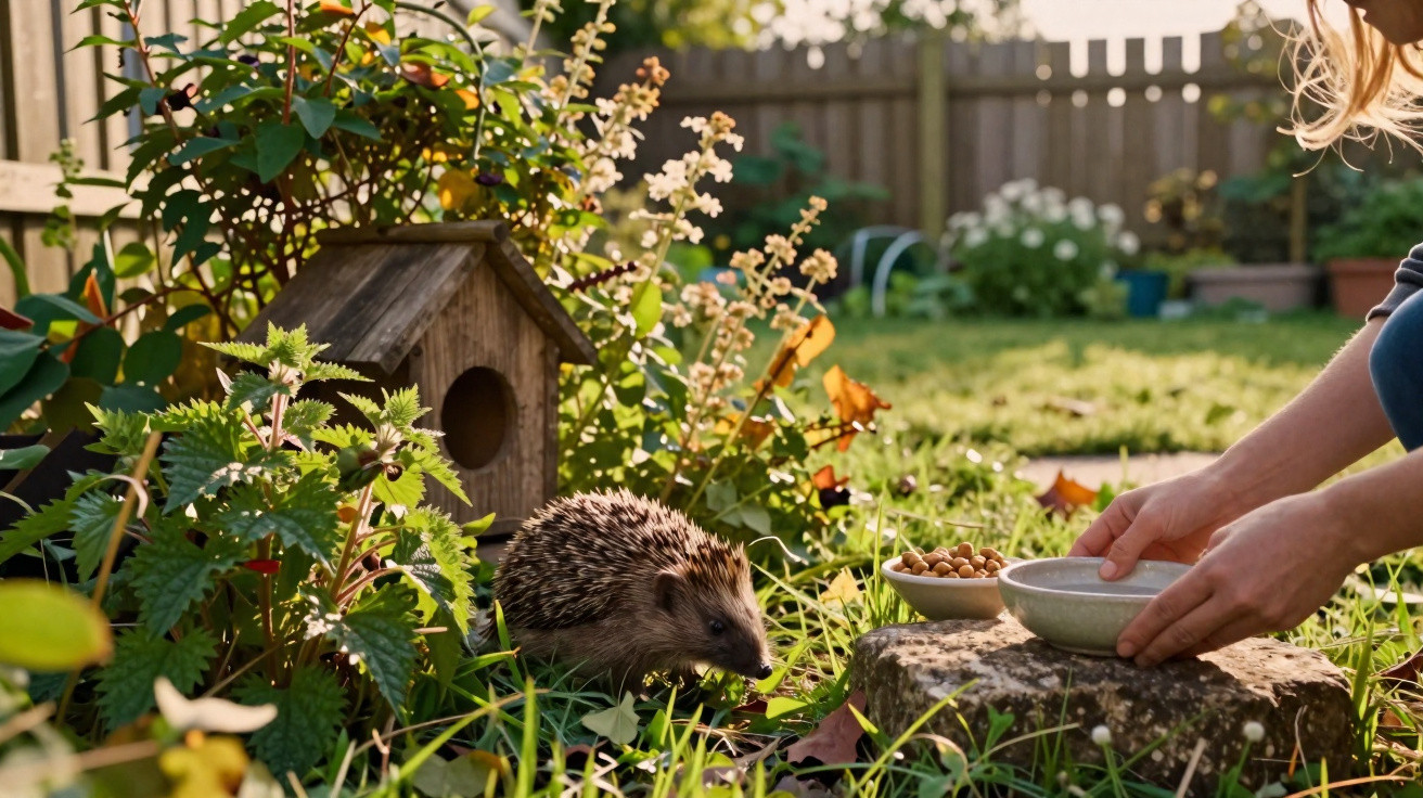 Hedgehog approaching a wooden shelter as a person places food bowls on a garden stone in daylight.