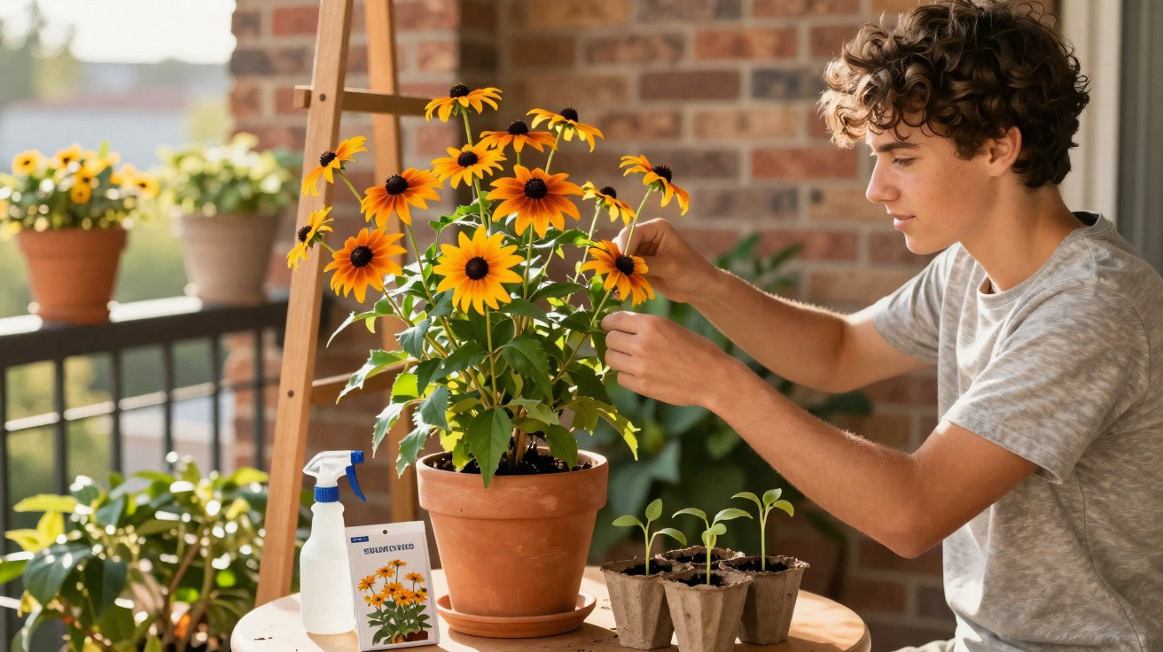 Young person tending to potted yellow and orange flowers on a table indoors by a window.