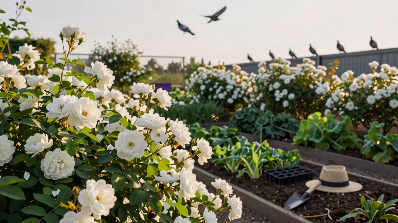 White roses in bloom by raised garden beds with a sun hat, trowel, and birds flying in the background.