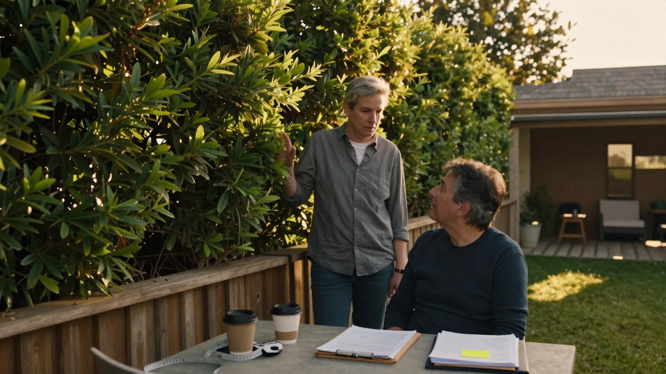 Two adults having a serious conversation outdoors next to a table with papers and coffee cups.