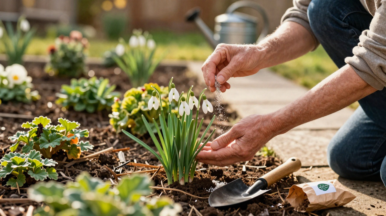 Person fertilising white snowdrop flowers in a garden bed with gardening tools nearby on a sunny day