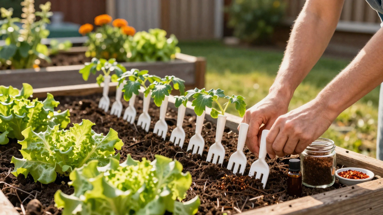Person planting tomato seedlings in a raised garden bed with green lettuce plants nearby on a sunny day.