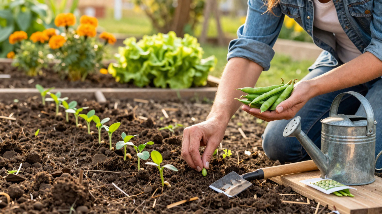 Person planting green bean seeds in a garden bed with seedlings, watering can, and blooming flowers nearby.