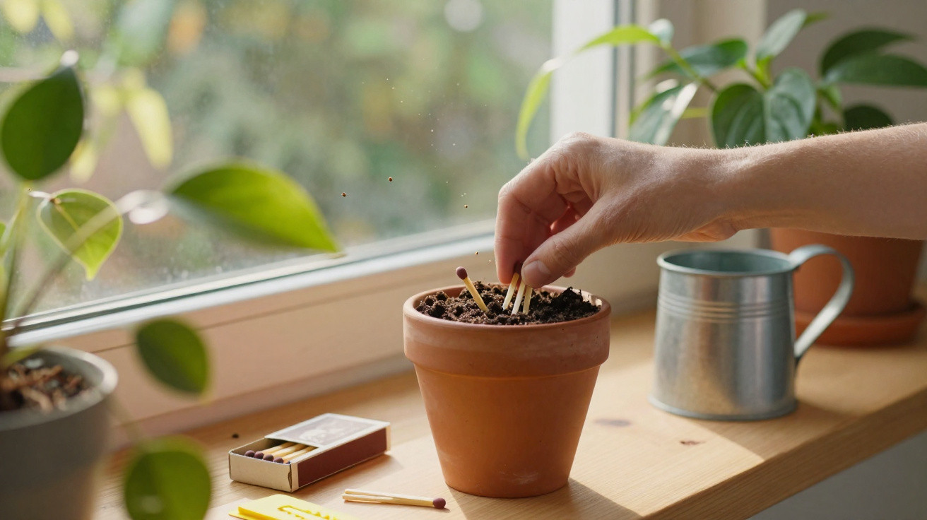 Hand placing matchsticks in soil inside a terracotta pot on a windowsill with plants and a watering can nearby.